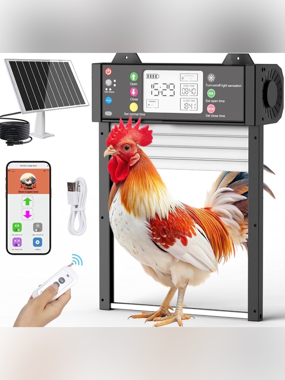 Automatic Chicken Coop Door Solar Powered WiFi App 4000mAh Timer Light Sensor